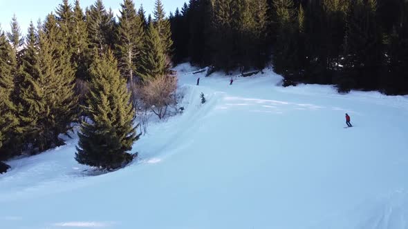 Aerial Winter Scene of Alpine Snowy Mountain Peaks and Dark Spruce Forest in Snow