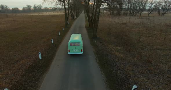 Vintage bus rides in the fog, among the trees at dawn. 