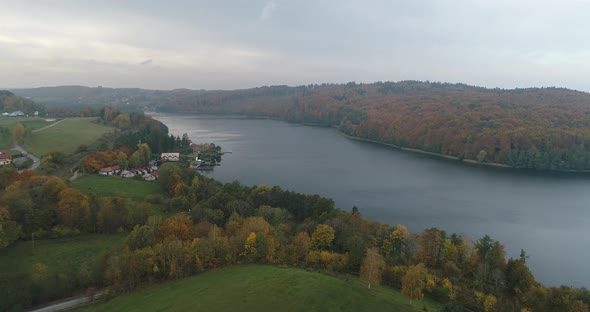 kaszuby region Poland, aerial landscape green forest and mountains lake , drone fly above unpolluted