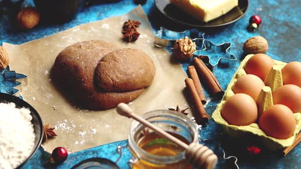 Gingerbread Dough Placed Among Various Ingredients. Christmas Baking Concept