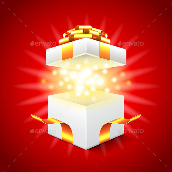 Opened Gift Box on Red Background Vector