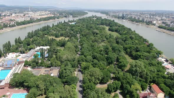 Drone over Margaret island (Margitsziget) in Budapest, Hungary