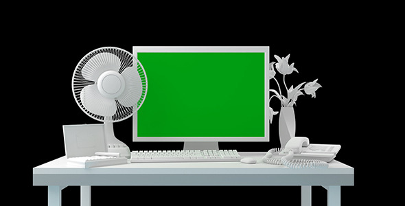 Office Desk and a Computer With Green Screen