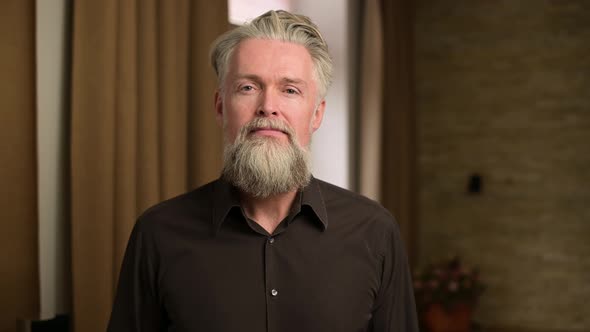 Stylish adult bearded gray-haired man calmly looks straight into the camera