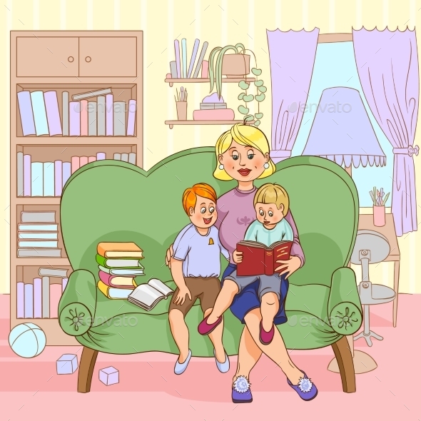 Family Reading Cartoon Illustration