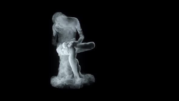 3D Animation Of A Sitting Man Statue Made Of Smoke alt