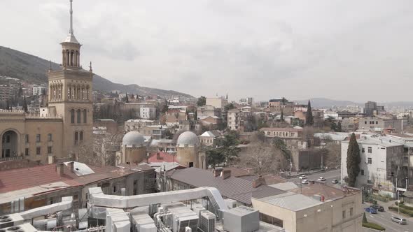 Tbilisi, Georgia - April 5 2021: Flying over Shota Rustaveli Avenue