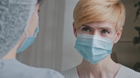 Closeup Female Masked Face Portrait Caucasian Sick Woman Patient Wears Medical Protective Mask