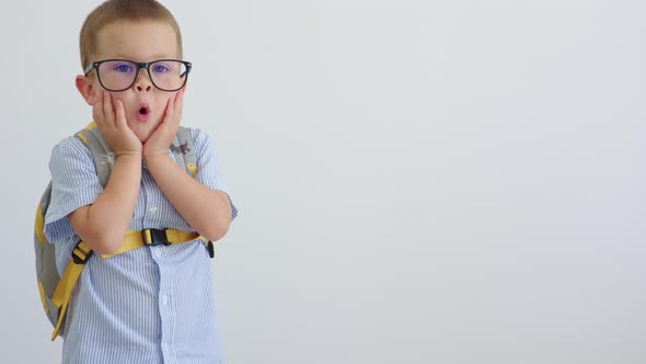 Schoolboy Elementary Pupil in Glasses Blue Shirt and Backpack Surprising School