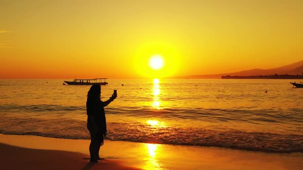 Female model suntans on tropical coast beach time by transparent ocean with white sandy background o