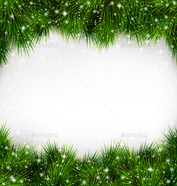 Green Christmas Tree Pine Branches with Snowfall