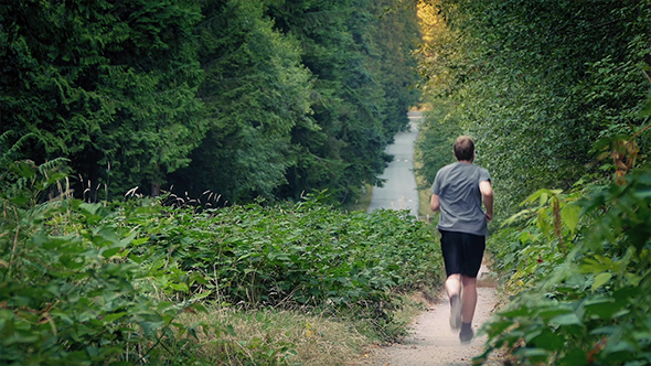 Man Jogs On Dusty Gravel Path In Sunset Forest alt