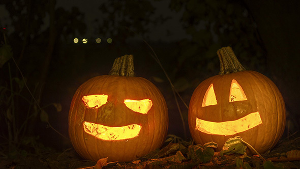 Scary Halloween Pumpkins in the Forest