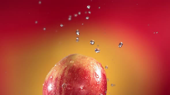 Flying of Red Apple in Red Yellow Background in Slow Motion