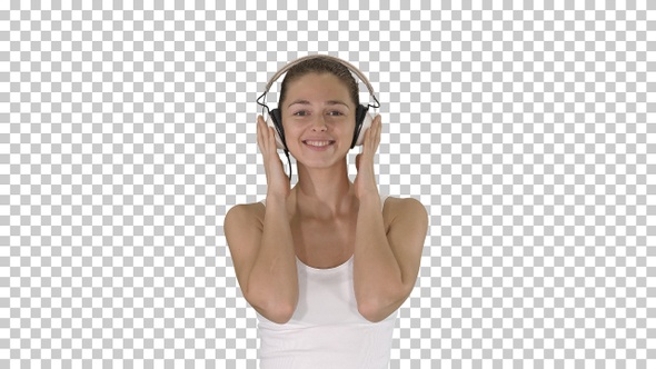 Woman with Headphones Listening Music and Making Funny