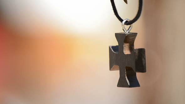Wooden Cross in Leather Necklace Hanging alt