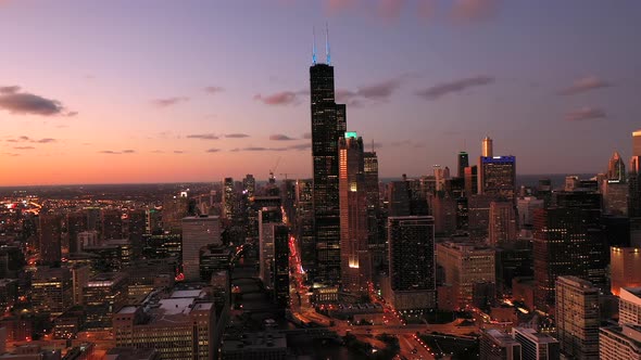 Dramatic Sunset over Chicago - Aerial