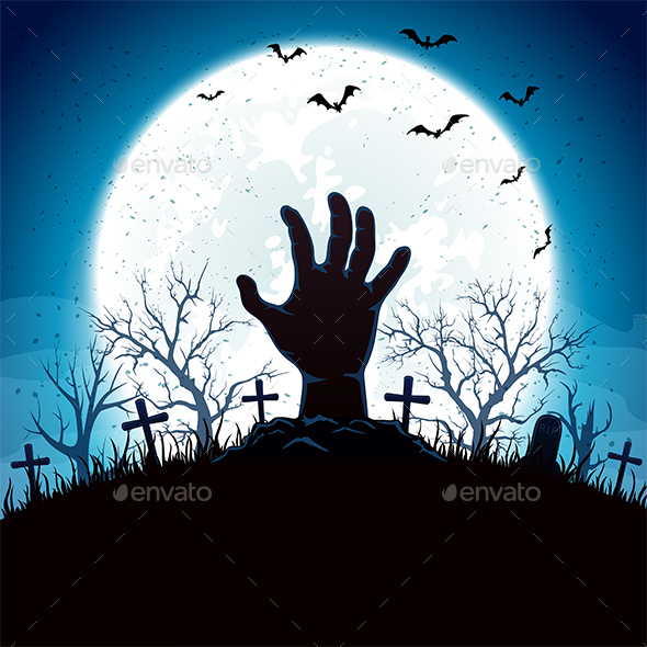 Blue Halloween Background with Hand and Moon