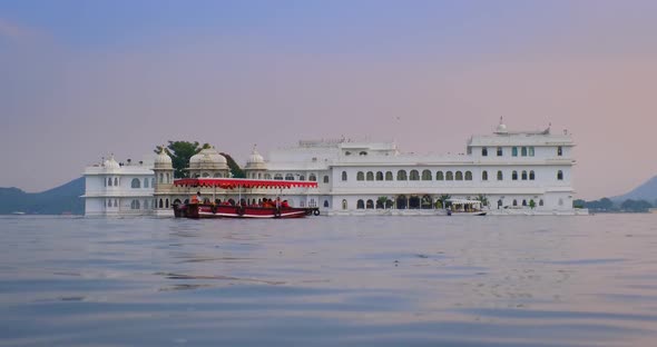 Udaipur Lake Palace Jag Niwas on Island on Lake Pichola with Tourist Boats - Rajput Architecture of