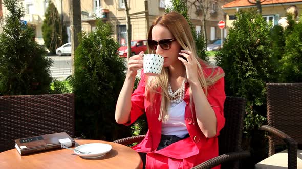 Beautiful Blond Woman Sitting In Coffee Shop, Talking On The Phone 1