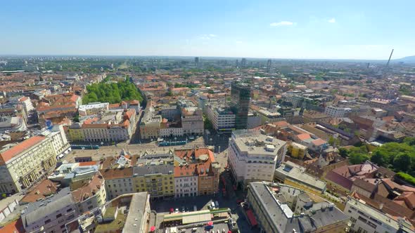 Aerial View Of Central Zagreb With Ban Jelasisa's Square.