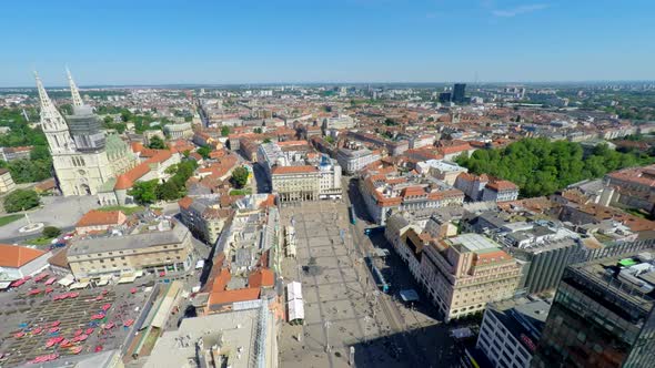 Aerial View Of Central Zagreb With Zagreb's Cathedral And Ban Jelasisa's Square. 1