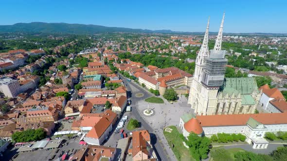 Aerial View Of Central Zagreb With Zagreb's Cathedral And Ban Jelasisa's Square. 4