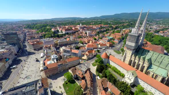 Aerial View Of Central Zagreb With Zagreb's Cathedral And Ban Jelasisa's Square. 5