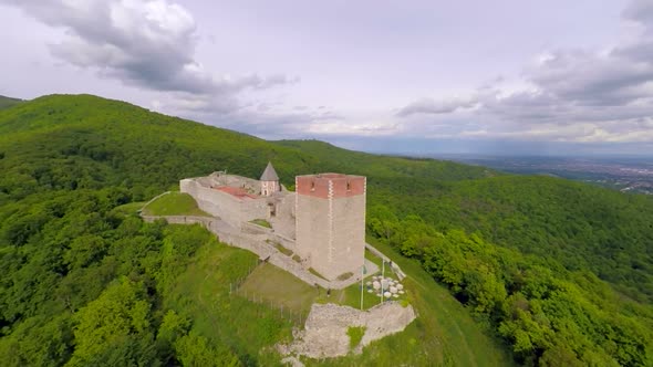 Aerial View Of Fort Medvedgrad With Mount Medvednica Forest Around It. 1
