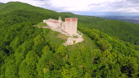 Aerial View Of Fort Medvedgrad With Mount Medvednica Forest Around It. 2