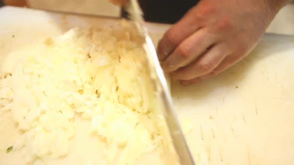 Chef Slicing Onions In Kitchen 4