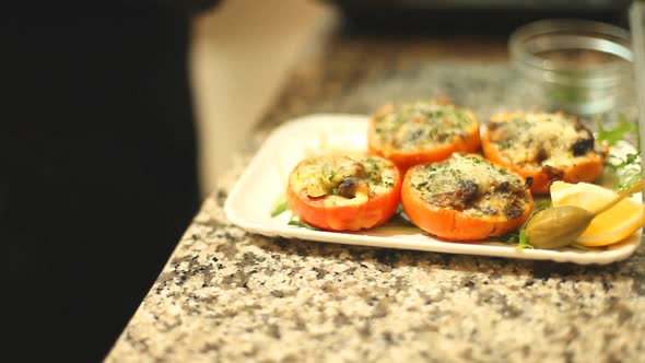 Stuffed Tomatoes Placed On A Plate In Restaurant