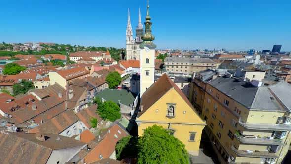 Moving Away Aerial View Of Central Zagreb And Cathedral. 2