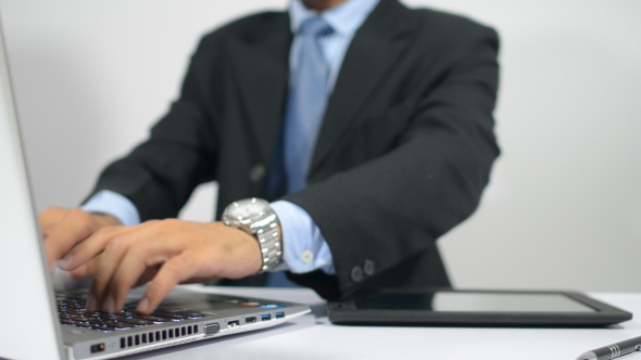 Businessman Opening Laptop and Typing alt