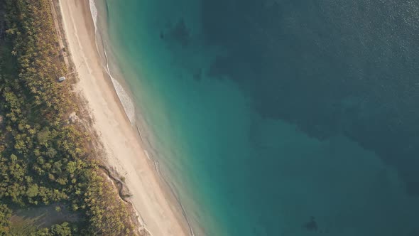 Top Down Slow Motion of Tropic Landscape at Ocean Bay with Sand Beach Aerial