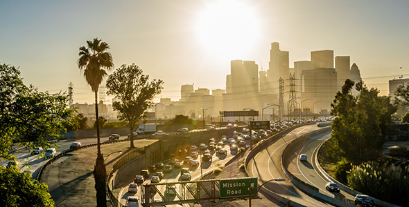 Downtown LA Sun Going Down Behind Buildings