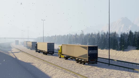Heavy Duty Cargo Trucks on Snowy Road in Winter Season