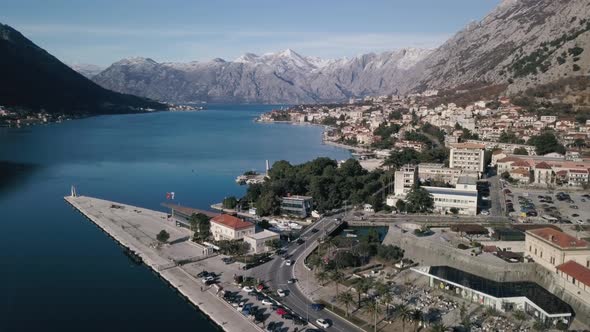 Aerial view of Kotor bay in winter time on Montenegro