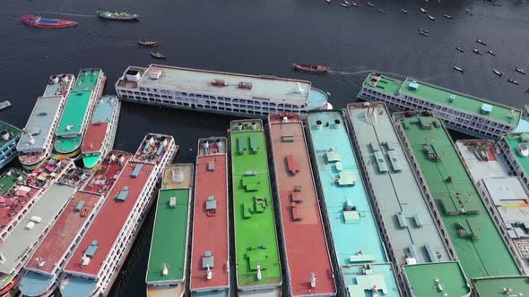 Aerial view of a busy wharf along Buriganga river, Bangladesh.