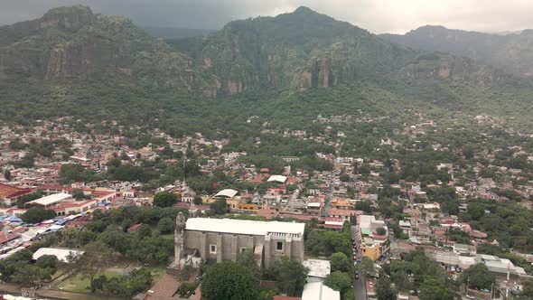 View of convent and mountains in Tepoztlan Mexico