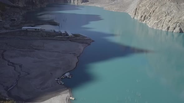 Drone shot over Attabad lake, revealing mountain view, Hunza Valley, Pakistan Aerial View Of Attabad