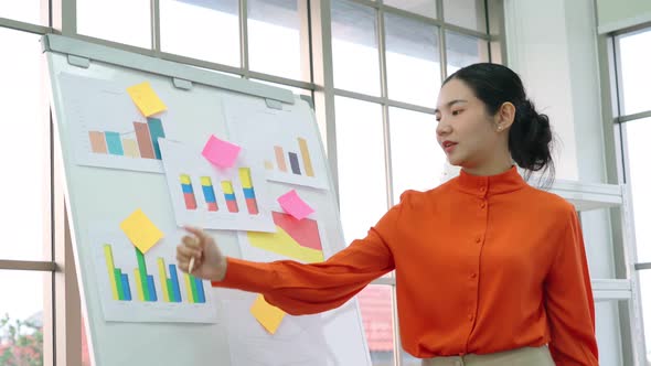 Young Woman Explains Business Data on White Board