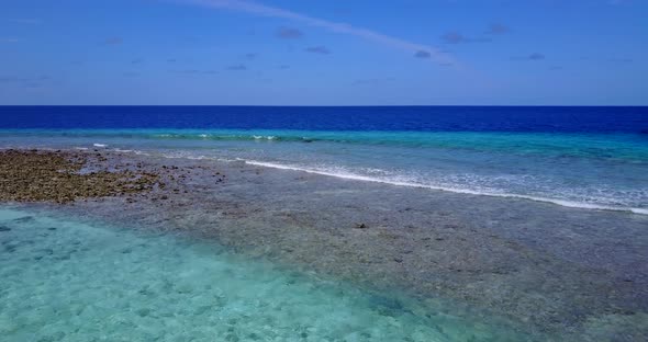 Daytime aerial copy space shot of a sandy white paradise beach and turquoise sea background in color