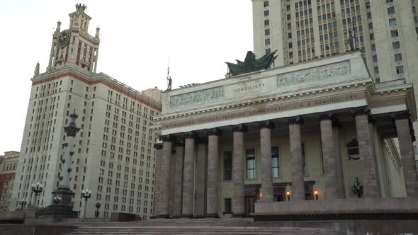 The Main Entrance To Moscow State University in Autumn. Dolly Camera Shot.