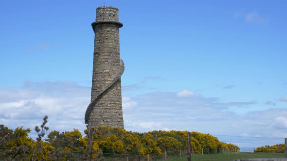 Ancient Ballycorus Leadmines Tower With Staircase Against Bue Sky In Carrickgollogan Park At Dublin