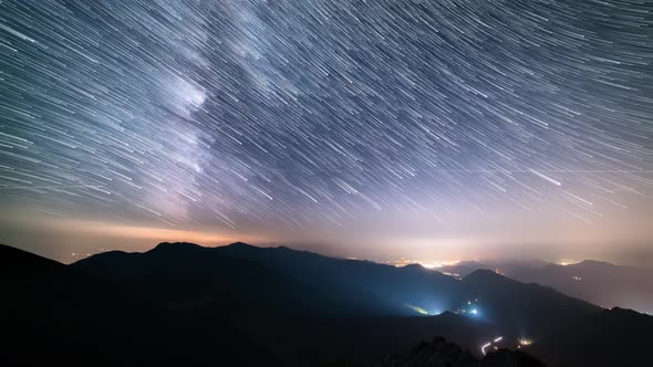 Startrails Comet of Milky Way Galaxy Stars Motion over Countryside Starry Night Mountains Astronomy