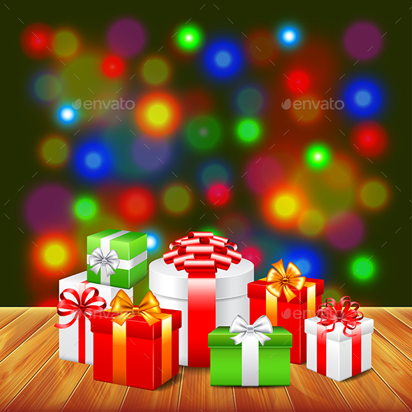 Christmas Gifts on Wooden Table Colorful Background