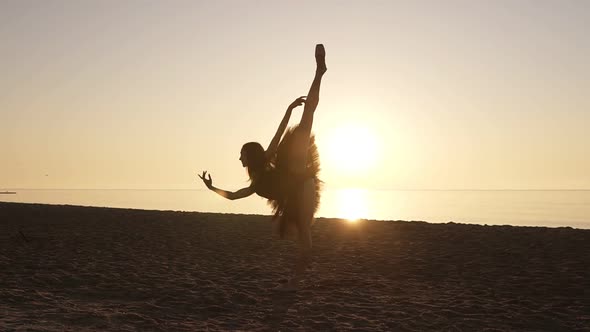 Silhouette of a Ballerina in a Tutu and Pointe Shoes on the Seashore