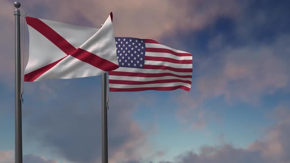 Alabama State Flag Waving Along With The National Flag Of The USA  - 4K