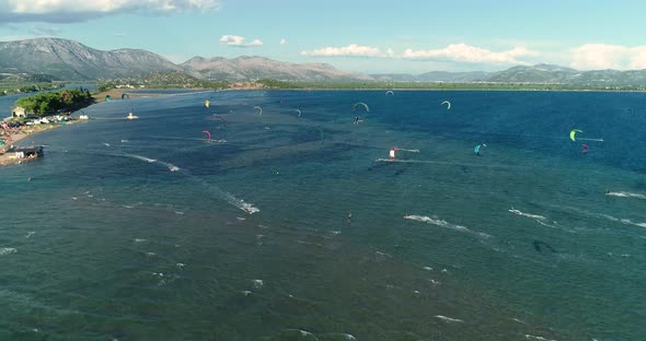 Aerial view of kitesurfing spot on the Neretva delta valley river